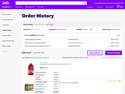 Jet - Order History Page checkout ecommerce history order orderhistory postcheckout product productdesign responsive ui ux web