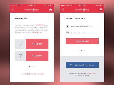 Exciting App - Account creation account create doctor facebook login medicine red register ui ux