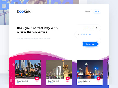 Booking.com - #Redesign 3/15 apartment book booking cards hotel interface landing travel trip ui