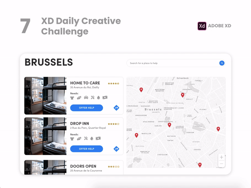 Adobe Challenge XD Day 7 - Shelters adobe xd app blue charity design donation homeless interaction design prototype ui volunteer web webdesign xd