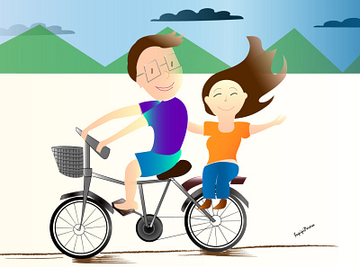 Couple on a bicycle artwork drawing illustrator design