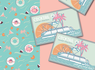 Cocktail Cat Sunset Charters animation brand identity brand identity branding business cards cat character design drinks identity design illustration illustrator letterhead lettering logo logotype pattern repeat pattern stationary surface pattern design tropical vector