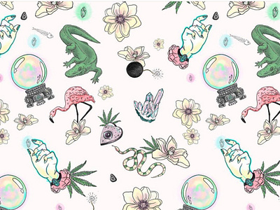 Florida Mystic Print apparel design crystals florida flowers gator illustration marijuana leaf pattern design patterns print print design repeat pattern snake surface pattern surface pattern design surface pattern designer textile design tropical voodoo