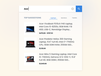 Daily UI 022/100 - Search 022 daily challenge dailyui e-commerce icon input laptop search suggestions tabs ui ux