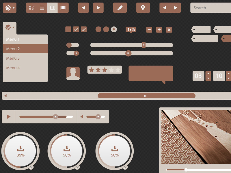 Oak Grain Ui Kit psd freebie ui ux buttons social media icons video arrows freebie