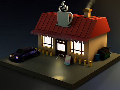 Coffee House at dusk - LowPoly