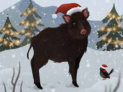 Winter boar with the bird, illustration for kids