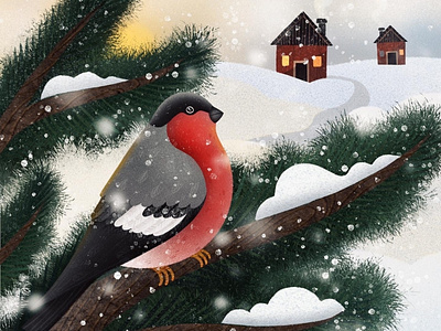 Bullfinch winter illustration for kids