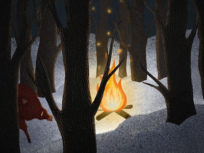 Night in the forest, boar and campfire illustration boar campfire child children children book illustration childrens illustration for kids illustraion illustration art illustrator israel israel illustrator snow winter