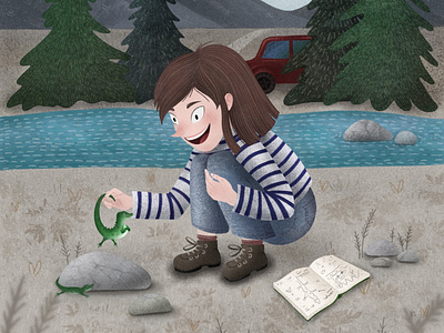 Meeting lizards for the first time, children illustration