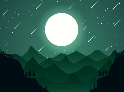 night mood artwork design design art green sky hill illustration logo moon moonshine night sky shooting star sky star tree ui