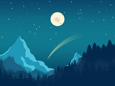 Night flat vector mountain landscape with moon blue design design art hill illustraion illustration logo moon sky tree ui ux vector