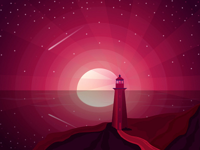 Light House artwork fullmoon hill illustration illustration art light lighthouse moon moonshine night redsky shooting star sky star