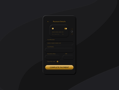 Daily UI #002 Checkout checkout credit card payment creditcard daily 100 challenge daily ui dailyui 002 dark dark ui gold neumorphic neumorphism payment details soft ui uxui