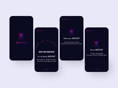 Astros App Dark Onboarding astrology astros dark dark ui mobile onboarding social media ui ux zodiac