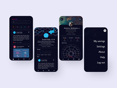 Astros App Dark Mode astrology astros dark feed menu mobile pages profile social media ui ux zodiac