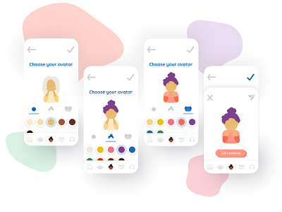 Daily UI #007 | Yoga For Kids Avatar Settings avatar character child choose colors daily ui daily ui 007 girl hair illustration mascot mobile outfit selection skin ui yoga for kids yogi