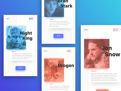 Game Of Thrones Character Profile Cards bran stark characters concept game of thrones got jon snow mobile night king profile ui ux