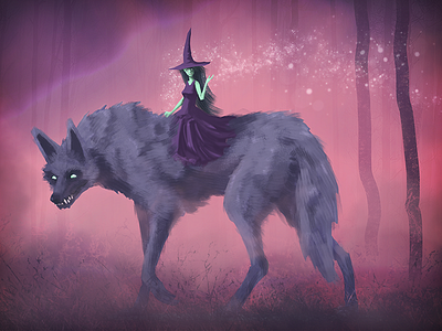 Witch-wolf digital painting forest halloween illustration magic werewolf witch wolf