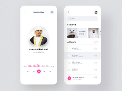 Quran Audio Recitation App afghanistan clean design color design flat icon islamic lettering minimal quran ui ui uix user experience userinterface userxperience white