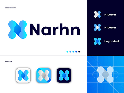 Narhn - Branding Logo Desing abstract app icon branding branding identity branding logo design business creative gradient h letter ilustrator letter logo logo mark modern n letter narhn simple symbol tecnology vector