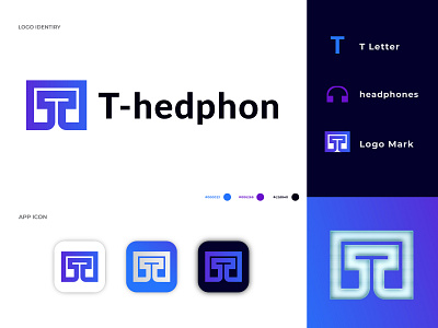 T - hedphon logo design abstract branding branding identity business creative full branding gradient headphone illustrator lettermark line logo logo logo designer logo mark logotype modern negative space logo symbol t letter vector