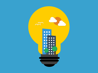 Sustainability Platform app blue buildings clouds green illustration light bulb sustainability trees yellow