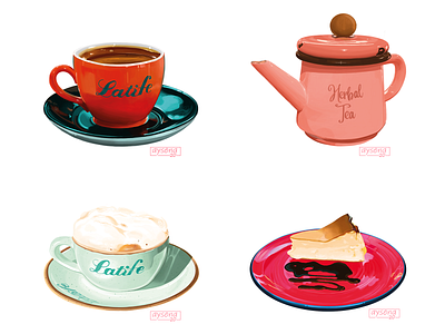 Coffee Shop Illustrations adobe photoshop art beverages cappuccino cheesecake coffee design dessert digital art digital drawing drawing herbal tea illustration painting san sebastian tea