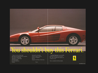 Ferrari - 80's-esque double spread 80s style ad advertising automotive brand design brand identity branding car double spread editorial ferrari print
