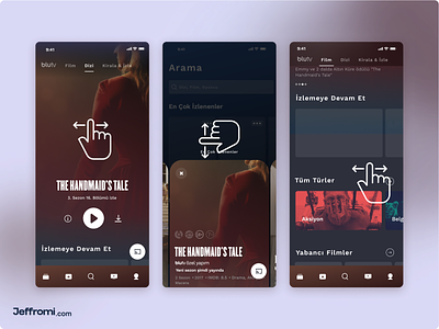 Mobile Movie App - Swipe Information Flows amazon prime blutv buttom navigation buttom sheet download mobile app movie app navigation bar netflix pagination play button product design share screen sticky button swipe tab bar turn back tv series ui design ux design
