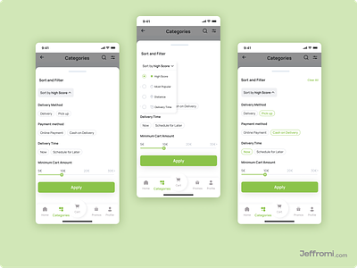 Mobile Market App - Filter / Categories Pages buttom navigation buttom sheet categories devider dropdown filter filter icon market app mobile app navigation bar online shopping price devider primary button product design radio button search box tap bar ui design ux design