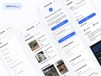 Mobile Responsive - Checkout / Confirmaton Pages add new card add product checkout confirmation page credit card footer hamburger menu input log in mobile app navigation bar online shopping order code payment method product card product design shipping address tap bar ui design ux design