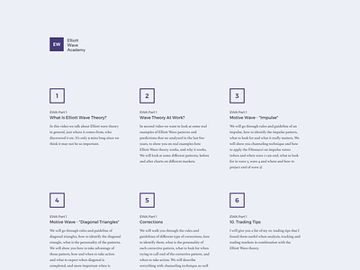 Wavetraders EW Academy branding clean design grid layout list minimal numbers purple ui web