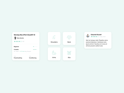 Modular Fitness App cards clean design green grid icons layers line icons rating shadow training ui white
