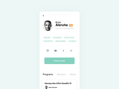 Modular Fitness App app card clean cta design ios iphone minimal mobile pills profile shadow social tabs tags turquoise ui user white