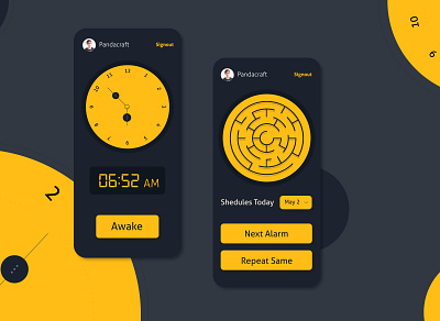 Alarm Clock alarm alarm clock blackandyellow freelancedesigner illustraton interface mobileapp pattern uiux web yellow