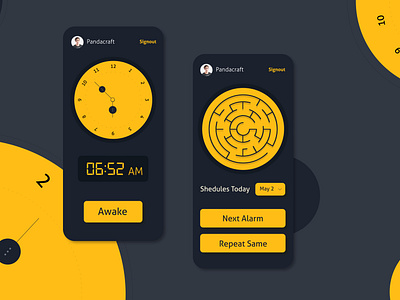 Alarm Clock alarm alarm clock blackandyellow freelancedesigner illustraton interface mobileapp pattern uiux web yellow