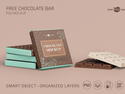 Square Chocolate Bar Snack & Box Packaging Mockup Free PSD branding chocolate chocolate bar freebies mockup