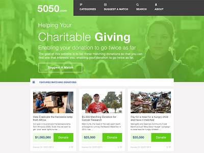 5050.com Homepage Design Pitch boxes charity green grid homepage layout navigation