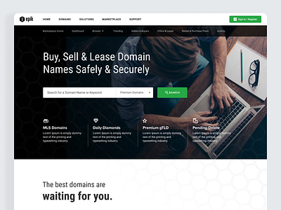 Domain Name Marketplace branding clean cta dark domains hero homepage landing layout marketplace page ui ux web