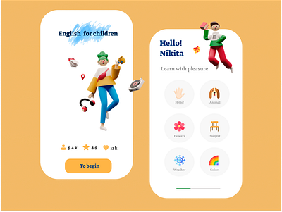 App for kids to learn English animation branding flat icon illustration minimal typography ux vector website