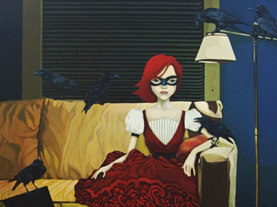 Sarah's Secret art birds canvas couch dress female figure gothic illustrative mask oil on painting ravens whimsical woman