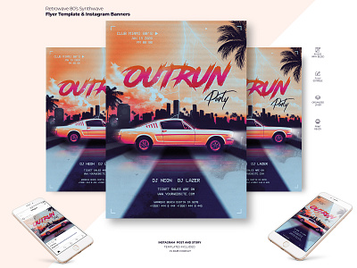 Retrowave 80's Synthwave Flyer 80s 90s aesthetic california car classic eighties flyer flyer template illustration instagram miami neo noir neon palm trees print ready rad retro synthwave synthwave flyer