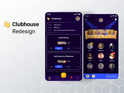 Clubhouse mobile app redesign (Dark) app clubhouse dark mode dark theme mobile redesign social media ui desgin ux design