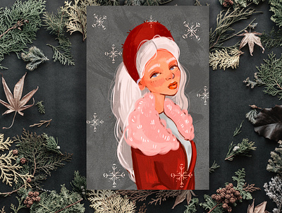 Character girl artwork blond christmas design illustrations newyear pattern portrait red retro sketch vector