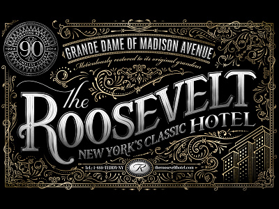 Roosevelt Hotel badge crest filigree lettering script type typography victorian