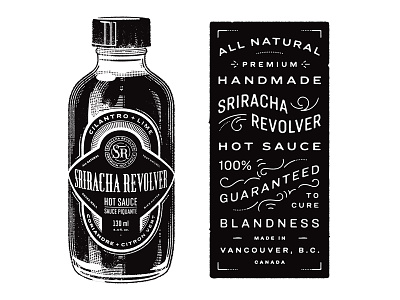Sriracha Revolver branding hot sauce illustration label lettering packaging vintage