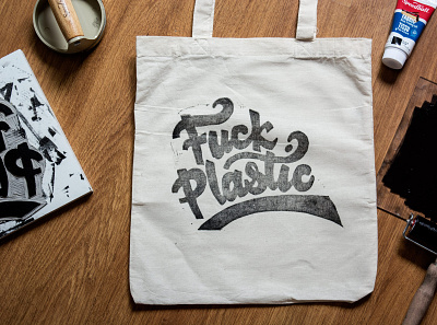 Fuck Plastic tote bag blockprinting carving fabric printing lettering lettering art linocut