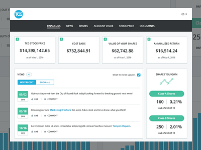 'Investor' Product Dashboard dashboard data financials interface investments news panels product design shares ui visual design