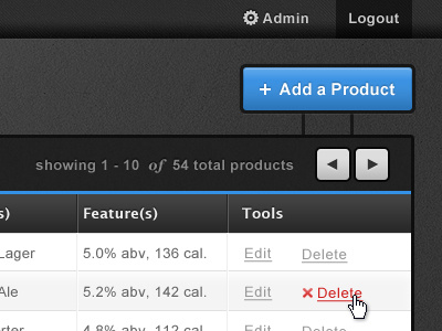 Product Table add arial blue button delete edit logout navigation next previous table ui
